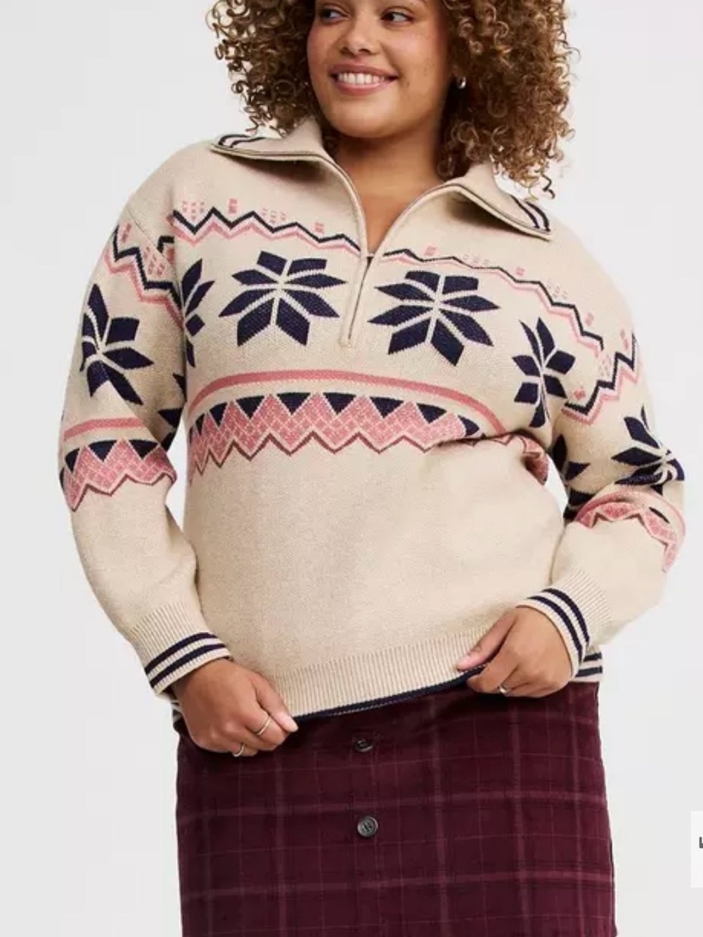 TORRID Beige Fair Isle Half-Zip Sweater with Navy & Pink Accents Torrid Sz 0